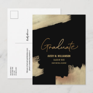 Modern Gold brush stroke black Graduate name Announcement Postcard