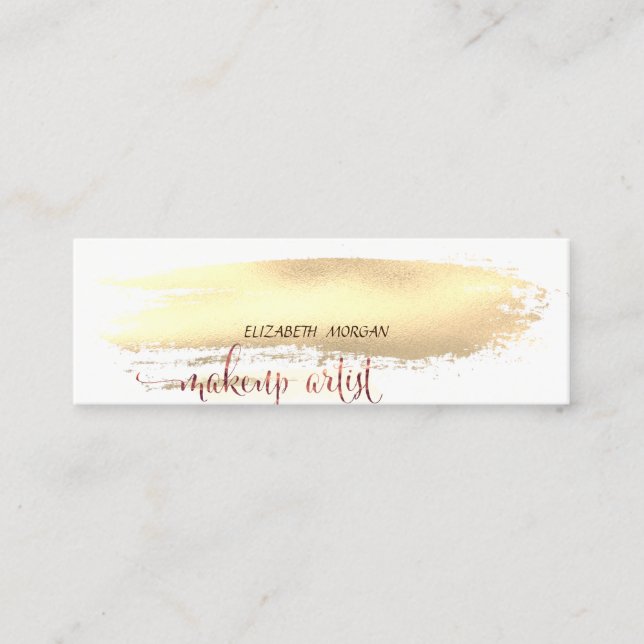 Modern Gold Brush Stroke, Lipstick, Makeup Mini Business Card (Front)