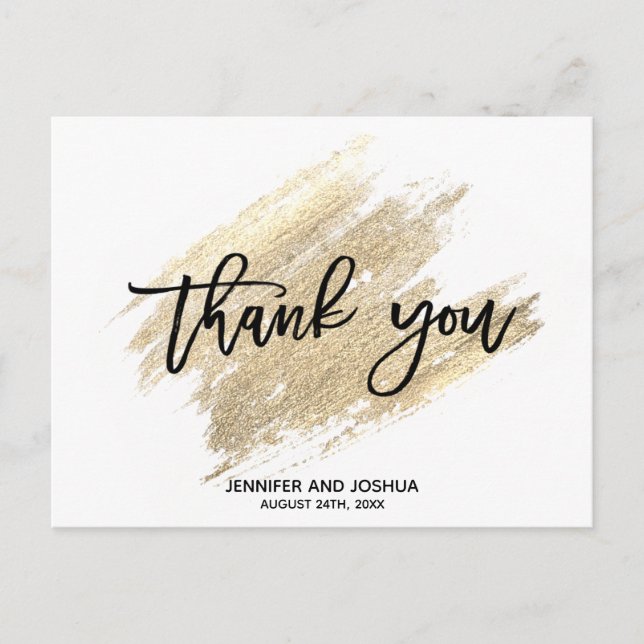 Modern Gold Brush Stroke Wedding Thank You | PHOTO Postcard (Front)