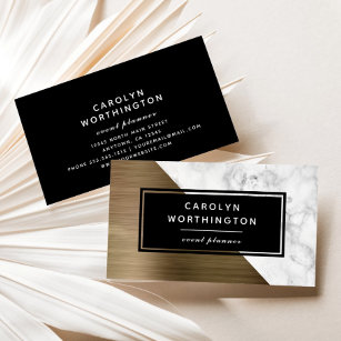 Modern Gold Brushed Foil White Marble Black Business Card