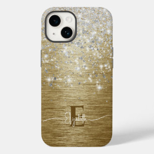 Modern Gold Brushed Metal Silver Glitter Monogram Case-Mate iPhone 14 Case