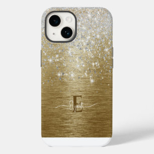 Modern Gold Brushed Metal Silver Glitter Monogram iPhone 14 Case