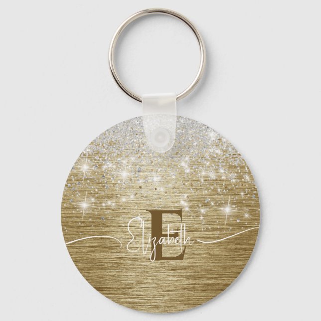 Modern Gold Brushed Metal Silver Glitter Monogram Key Ring (Front)