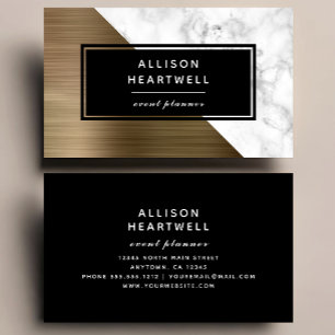 Modern Gold Brushed Metal White Marble Black Business Card