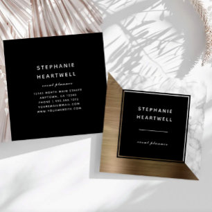 Modern Gold Brushed Metal White Marble Black Square Business Card
