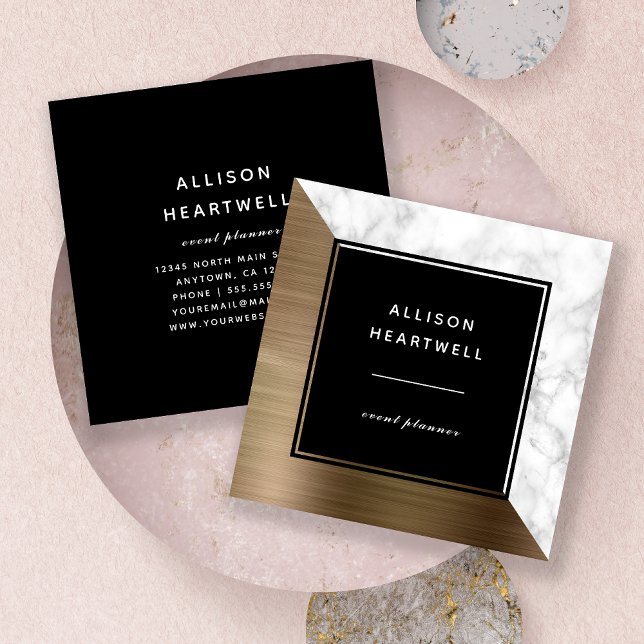 Modern Gold Brushed Metal White Marble Black Square Business Card (Creator Uploaded)