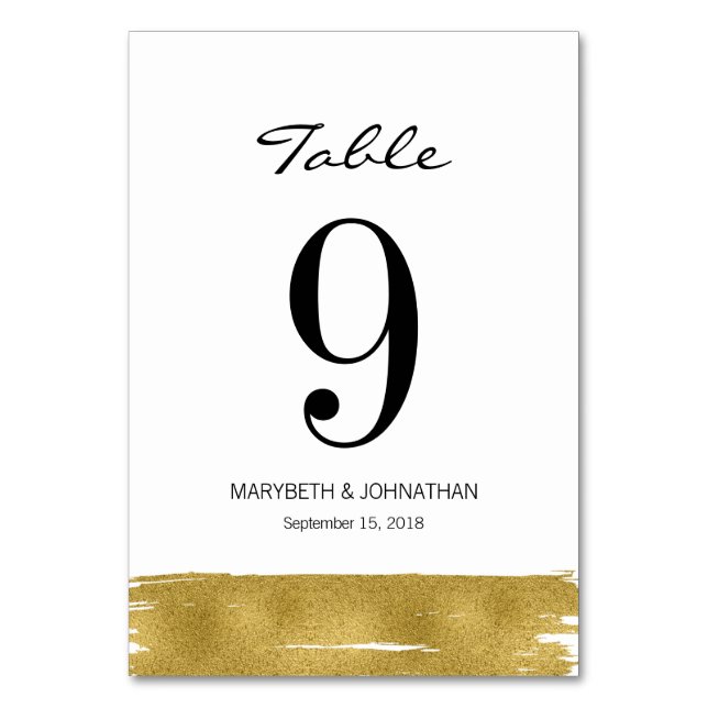 Modern Gold Brushstroke Wedding Table Number Card (Front)