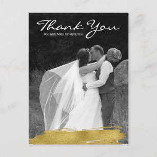 Modern Gold Brushstroke Wedding Thank You Postcard