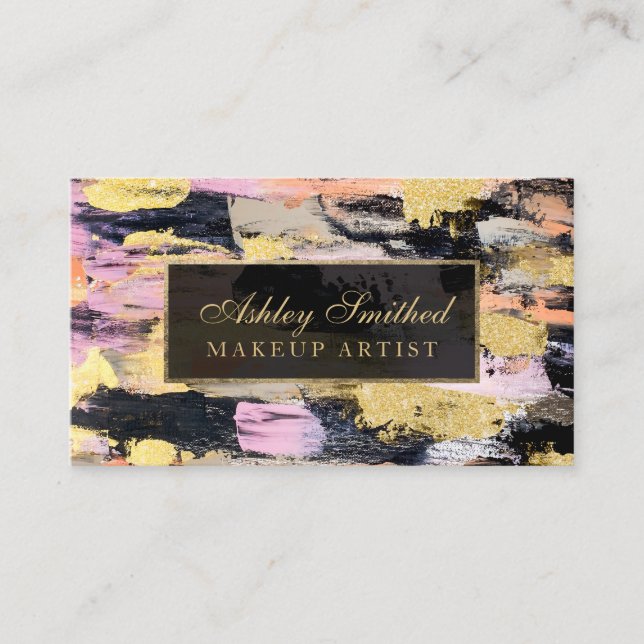 Modern gold brushstrokes acrylic pink black makeup business card (Front)