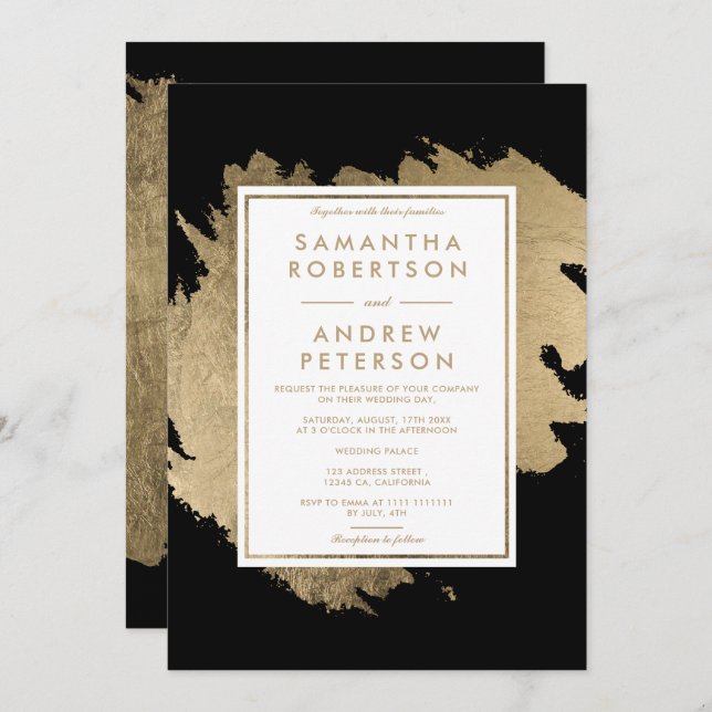 Modern gold brushstrokes black white chic wedding invitation (Front/Back)
