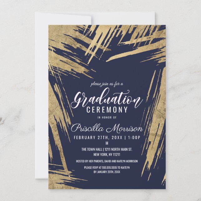 Modern Gold Brushstrokes Navy Blue Chic Graduation Invitation (Front)