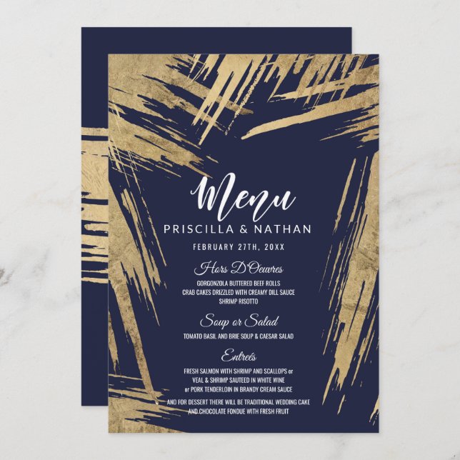Modern Gold Brushstrokes Navy Blue Wedding Menu Invitation (Front/Back)