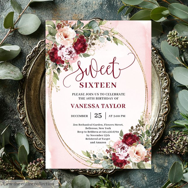 Modern Gold Burgundy Floral Sweet Sixteen Card (Modern Gold Burgundy Floral Sweet Sixteen Card)