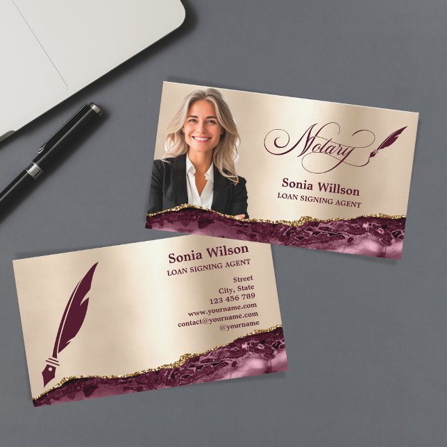 Modern Gold Burgundy Notary Loan Signing Agent Business Card (Creator Uploaded)