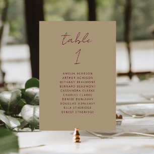 Modern Gold Burgundy Script Wedding Table Number