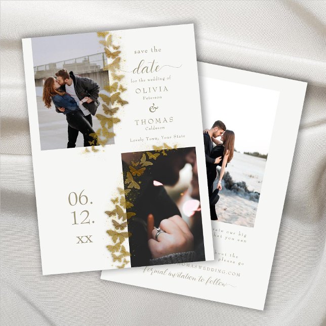 Modern Gold Butterflies Elegant 3 Photos Wedding Save The Date (Creator Uploaded)