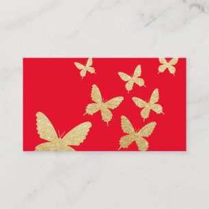 Modern Gold Butterflies Simple Red Makeup Artist Business Card