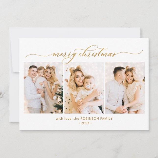 Modern Gold Calligraphy 3 Multi Photo Christmas Holiday Card (Front)