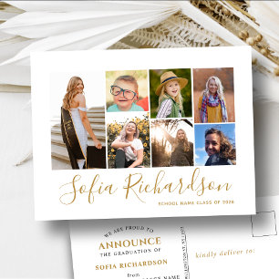 Modern Gold Calligraphy 7 Photo Simple Graduation Announcement Postcard