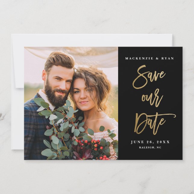 Modern Gold Calligraphy Black Photo Wedding Save The Date (Front)