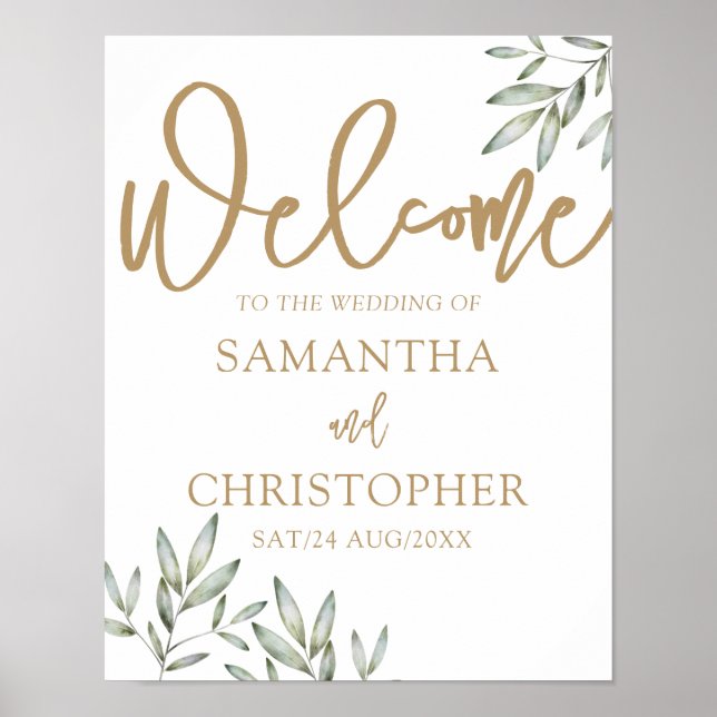 Modern Gold Calligraphy & Green Foliage Wedding Poster (Front)