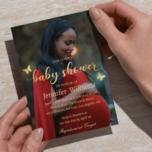 modern gold calligraphy photo baby shower invitation
