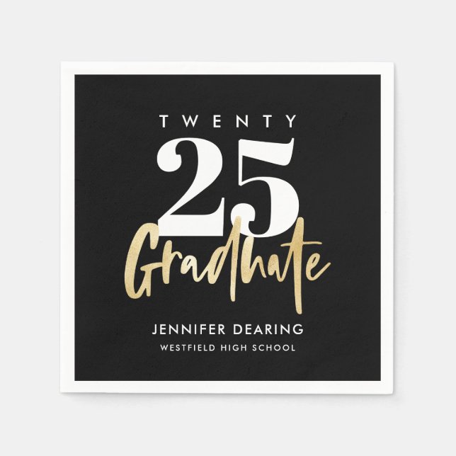 Modern Gold Calligraphy Photo Black Graduation Napkin (Front)