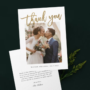 Modern Gold Calligraphy Photo Wedding  Thank You Card
