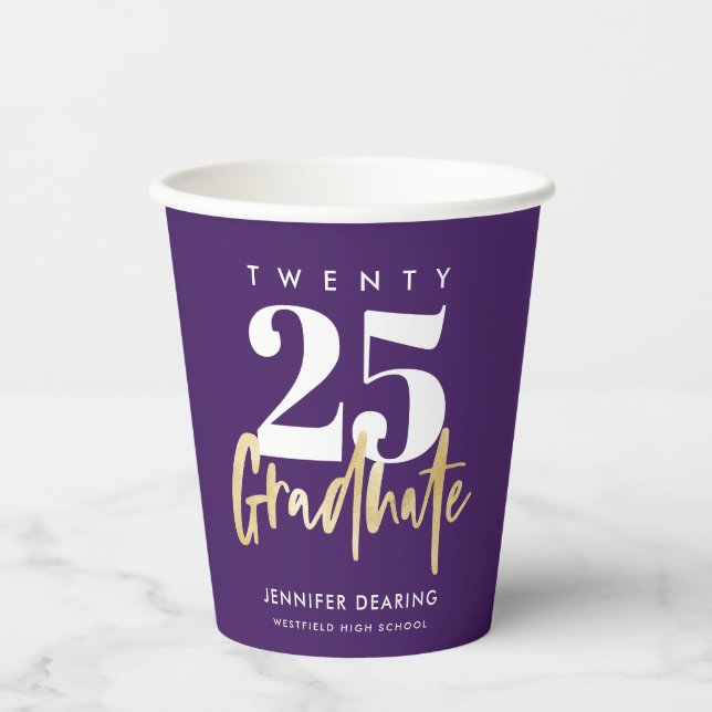 Modern Gold Calligraphy Purple Graduation Paper Cups (Front)