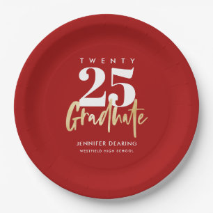 Modern Gold Calligraphy Red Graduation Paper Plate