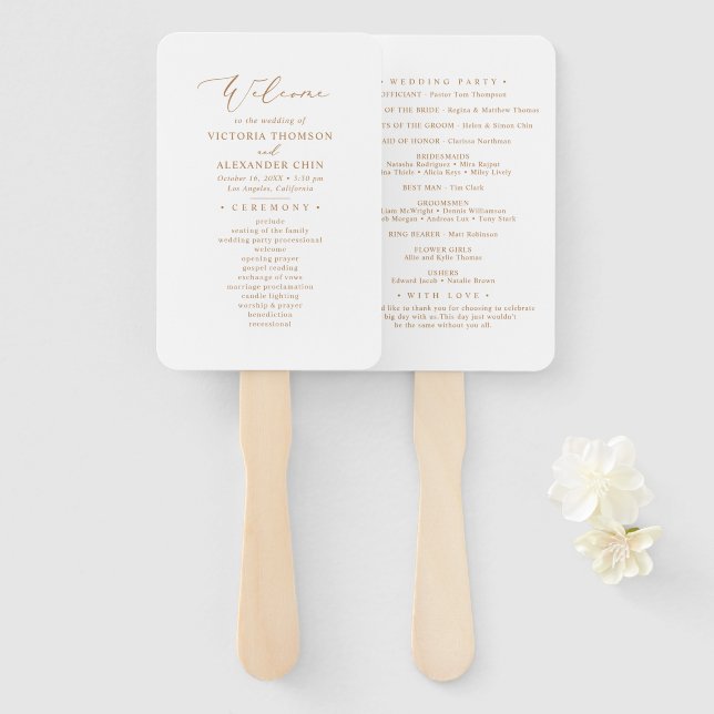 Modern Gold Calligraphy Wedding Program Fans (Front and Back)