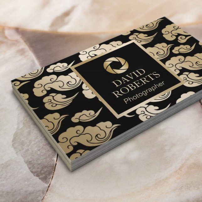 Modern Gold Camera Oriental Clouds Photography Business Card (Creator Uploaded)