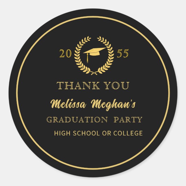Modern Gold Cap Graduation Party Thank You  Classic Round Sticker (Front)