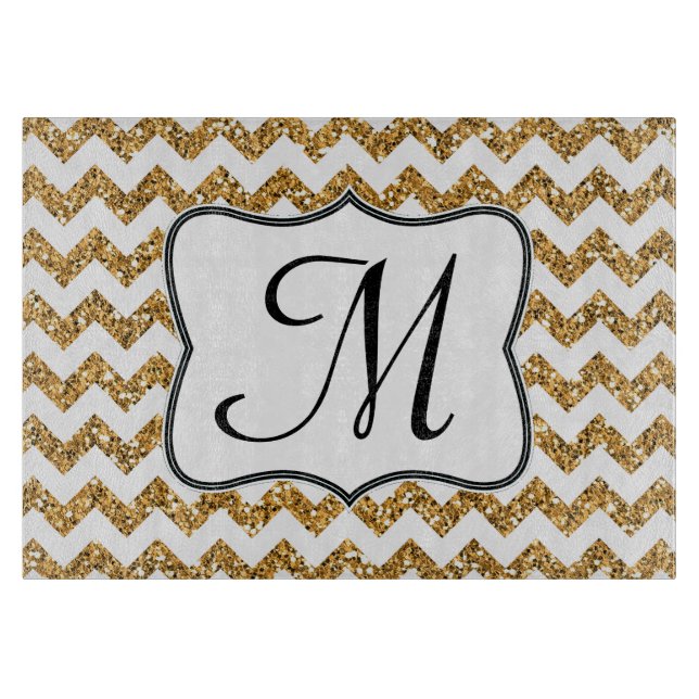 Modern Gold Chevron Monogram Glass Cutting Board (Front)