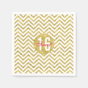 Modern Gold Chevron Stripes Sweet 16 Birthday Napkin