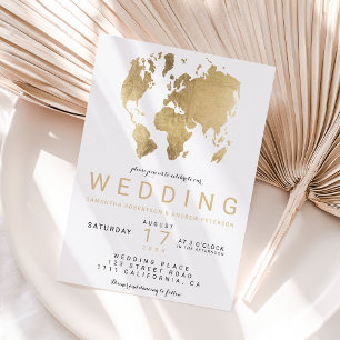 Modern gold chic world map wedding invitation