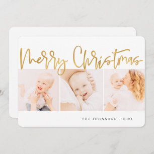 Modern Gold Christmas Greeting Three Photo Holiday Card