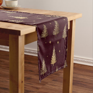 Modern Gold Christmas trees pattern on burgundy Short Table Runner