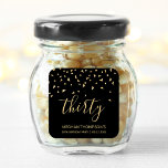 Modern Gold Confetti 30th Birthday Square Sticker<br><div class="desc">Help her celebrate her 30th birthday in style with this simple but elegant design, featuring faux gold triangular confetti sifting down on the word "thirty" in gold handwriting font on a black background. Personalise it with the name of the honoree in gold sans serif font, along with the occasion and...</div>