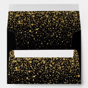 Modern Gold Confetti on Black Envelope