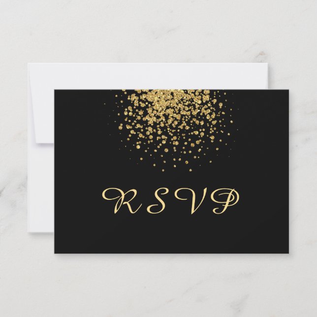 Modern Gold Confetti on Black RSVP Card (Front)