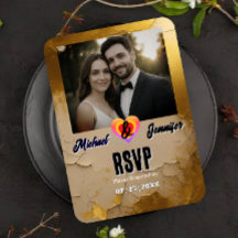 Modern Gold Cracked Photo Wedding RSVP Card