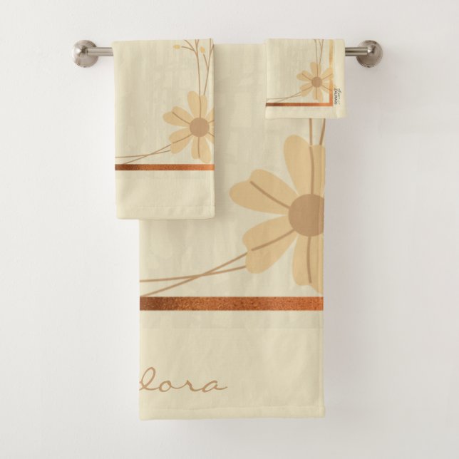 Modern Gold Cream Abstract Floral Bath Towel Set (Insitu)
