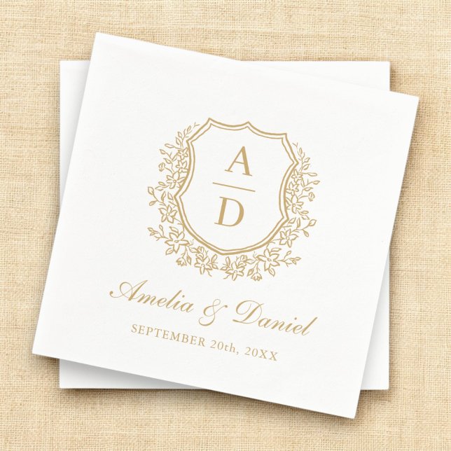 Modern Gold Crest Elegant Monogram Wedding  Napkin (Creator Uploaded)