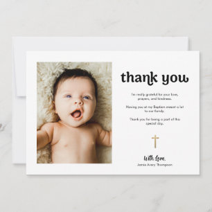 Modern Gold Cross Baby Photo Baptism Thank You Card