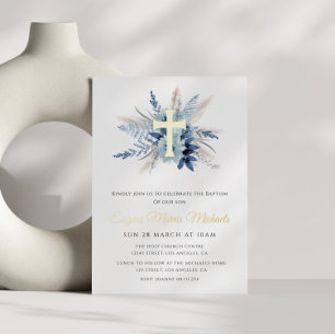 modern gold cross blue floral baptism