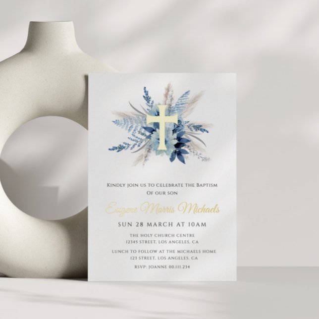 modern gold cross blue floral baptism (Creator Uploaded)