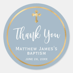 Modern Gold Cross Dusty Blue Boy Baptism  Classic Round Sticker