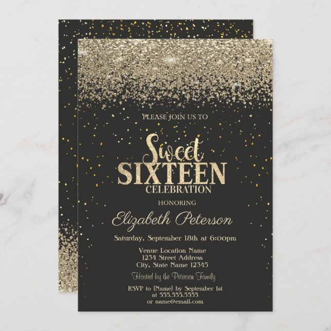 Modern Gold Diamonds Confetti Black Sweet 16 Invitation (Front/Back)