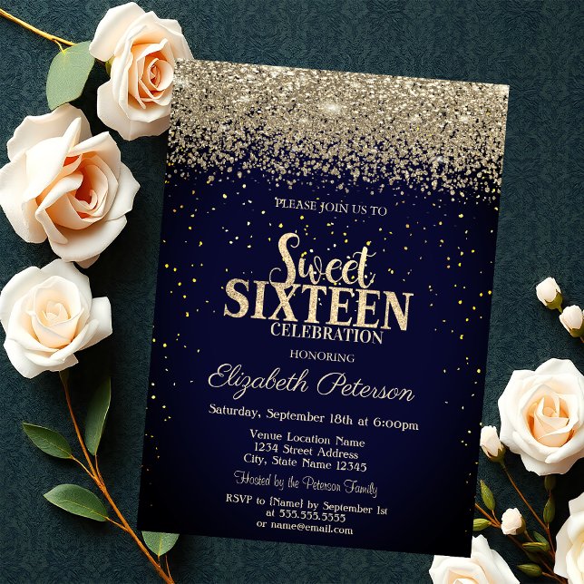 Modern Gold Diamonds Confetti Blue Sweet 16 Invitation (Creator Uploaded)